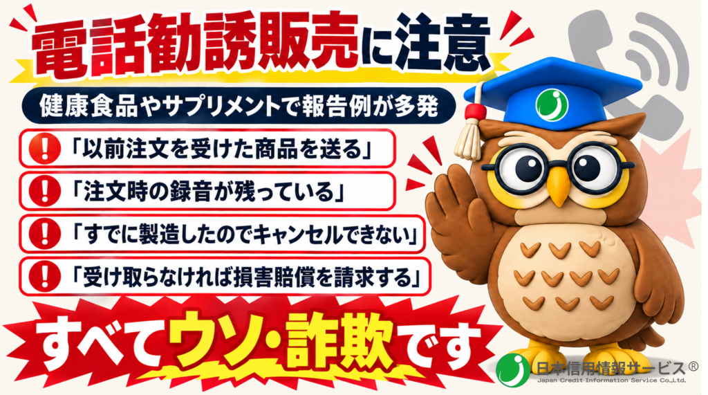 電話勧誘販売で、虚偽説明や強引な勧誘が報告されています。 報告例が多いのは、健康食品やサプリメント 「以前注文を受けた商品を送る」 「注文時の録音が残っている」 「すでに製造したのでキャンセルできない」 「受け取らなければ損害賠償を請求する」 すべてウソ・詐欺です