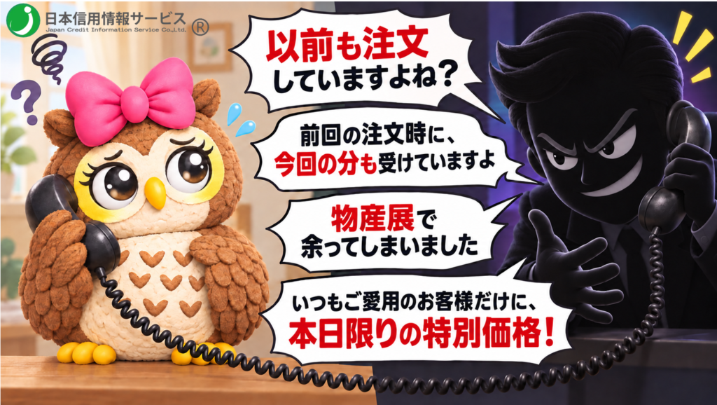「以前も注文していますよね?」 「前回の注文時に、今回の分も受けていますよ」 「物産展で余ってしまいました」 「いつもご愛用のお客様だけに、本日限りの特別価格!」 と煽る悪い人