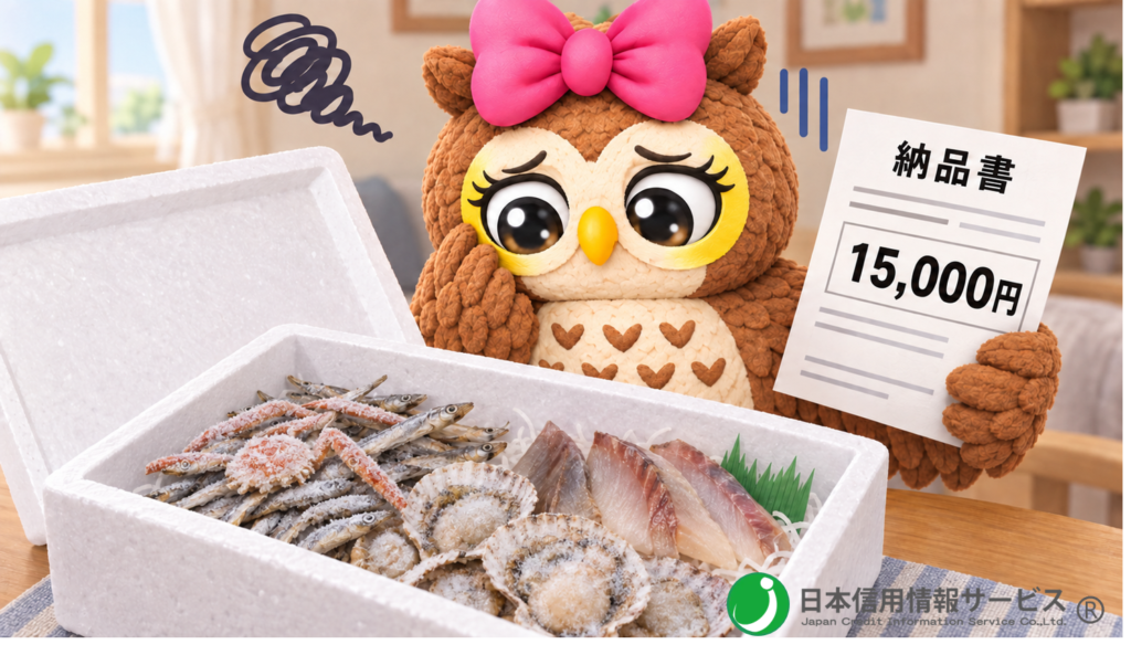 受け取った発泡スチロールの中に、細い魚、古いホタテ、色の変わったお刺身、などおいしそうじゃない海産物。がっかりするふくろうちゃん、てに納品書で15000円の文字