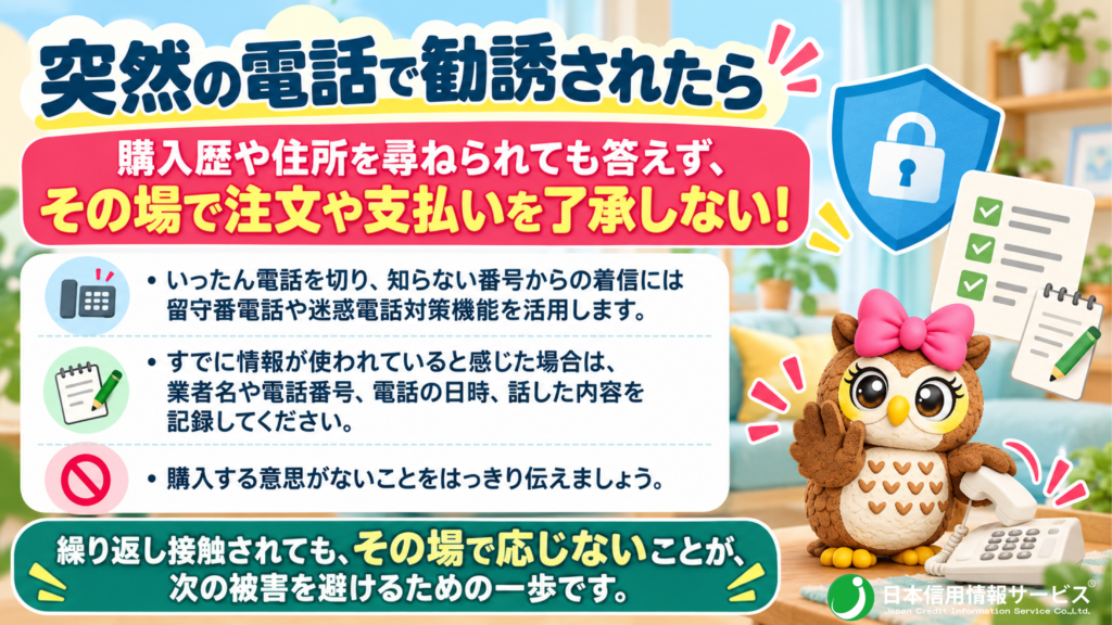 突然の電話で勧誘された際は、購入歴や住所を尋ねられても答えず、その場で注文や支払いを了承しないでください。いったん電話を切り、知らない番号からの着信には留守番電話や迷惑電話対策機能を活用します。
すでに情報が使われていると感じた場合は、業者名や電話番号、電話の日時、話した内容を記録してください。勧誘を受けたら、購入する意思がないことをはっきり伝えましょう。繰り返し接触されても、その場で応じないことが、次の被害を避けるための一歩です。