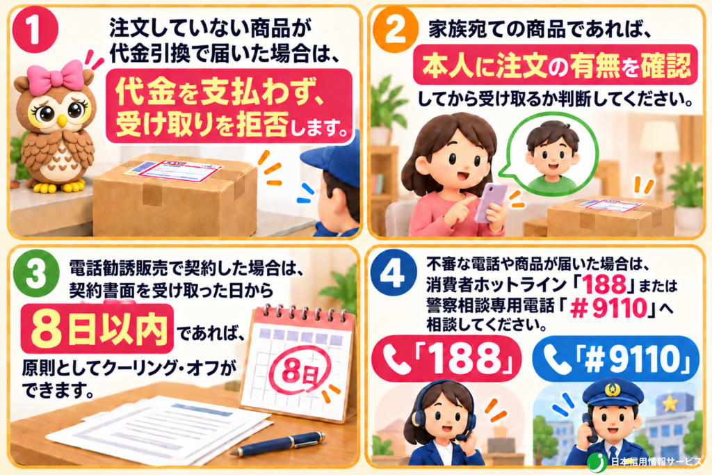 電話勧誘販売で契約した場合は、契約書面を受け取った日から8日以内であれば、原則としてクーリング・オフができます。不審な電話や商品が届いた場合は、消費者ホットライン「188」または警察相談専用電話「＃9110」へ相談してください。